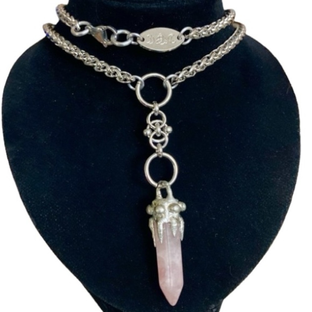Genuine rose quartz bullet stainless steel maille celtic knot lariat Y necklace - Picture 4 of 16
